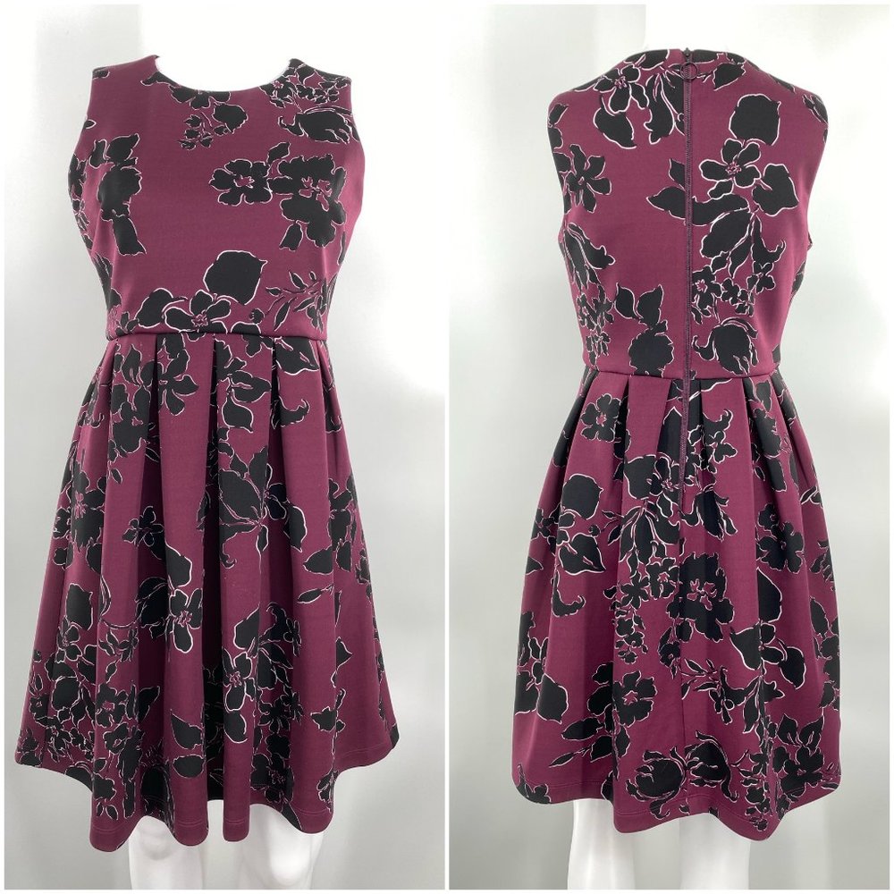 Dressbarn Sleeveless Pleated Knee Length Floral Back Zip Work Dress Maroon 2P